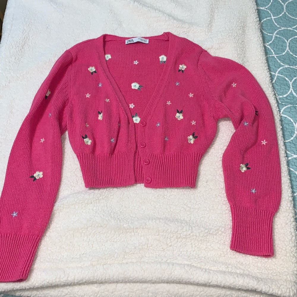 Sweater, crop top pink with flowers